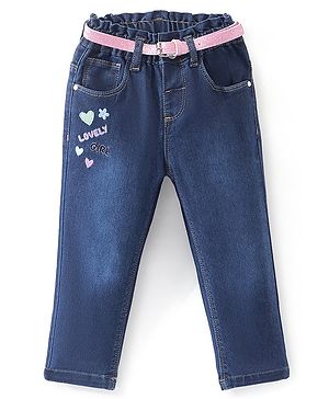 Babyhug Full Length Jeans With Stretch & Text Embroidered - Blue