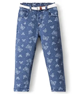 Babyhug Denim Full Length Stretchable Washed Jeans With Butterfly Print - Blue