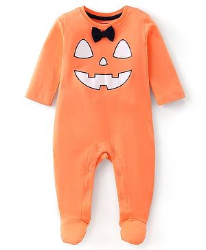 Babyhug Cotton Knit Full Sleeves Halloween Printed Footed Night Suit With Bow Applique - Orange