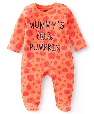 Babyhug Cotton Knit Full Sleeves Pumpkin Printed Footed Night Suit - Orange