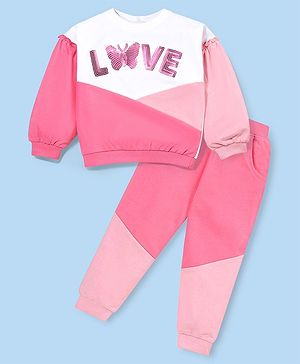Babyhug 100% Cotton Knit Full Sleeves Top and Legging Set Butterfly Sequin Design - Pink & White