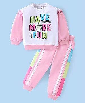 Babyhug 100% Cotton Knit Full Sleeves Top & Lounge Pant With Text Print - Pink & White