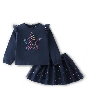 Babyhug Full Sleeves Top & Skirt with Text Placement Print - Navy Blue