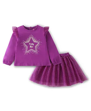 Babyhug Full Sleeves Top & Mesh Skirt with Foil Text Placement Print- Purple