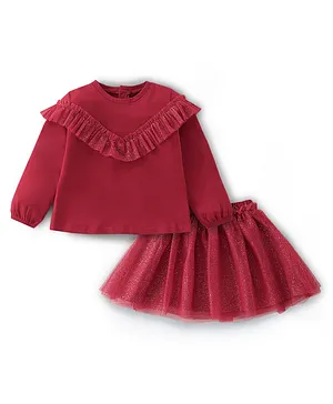 Babyhug 100% Cotton Knit Full Sleeves Top & Skirt With Gold Foil Mesh - Maroon