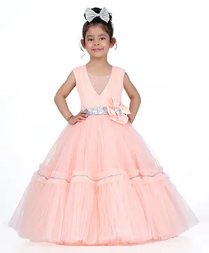 Indian Tutu Sleeveless Flower Detailed Sequin Band Embellished Ruffled Gown - Peach