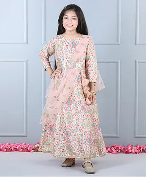 WhiteHenz Clothing Three Fourth Sleeves Ethnic Floral Printed With Sequin & Gota Lace Embellished Gown With Attach Dupatta - Pink