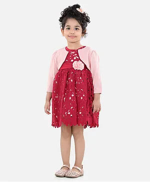 WhiteHenz Clothing Three Fourth Sleeves Solid Jacket With Hollow Out Designed Detailed And Floral Applique Dress - Pink & Maroon