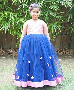 Indian Tutu Sleeveless Floral Blocks Embroidered & Embellished Fit & Flare Gown - Navy Blue
