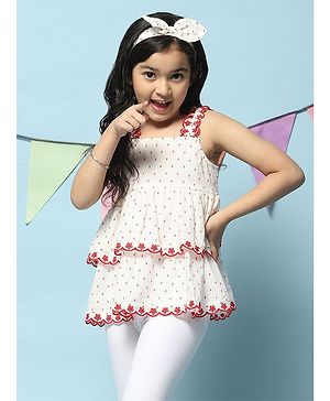 BIBA Sleeveless Polka Dots Printed & Floral Tired Top     With Coordinating Headband - White