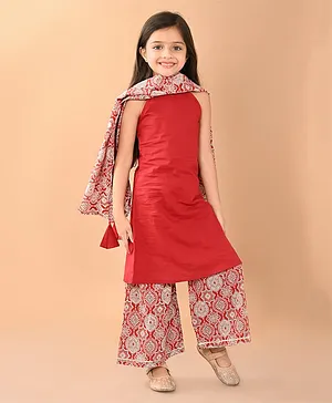 Lilpicks Couture Sleeveless Seamless Vintage Ethnic Styled Kurta With  Sharara & Dupatta Set - Maroon & Multi Colour
