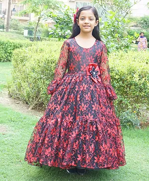 Indian Tutu Full Sleeves Floral Designed & Embellished Fit & Flare Gown - Black