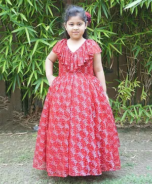 Indian Tutu Sleeveless Neckline Frill Detailed Floral Printed Fit & Flare Gown - Red
