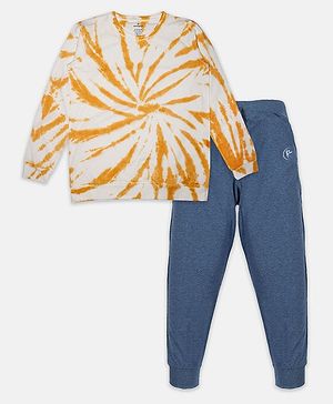 Kiddopanti Full Sleeves Tie Dye Tee & Solid Track Pant Set - Mustard Yellow & Blue Melange