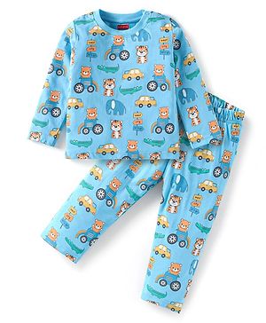 Babyhug Cotton Knit Full Sleeves Teddy Printed Night Suit - Blue