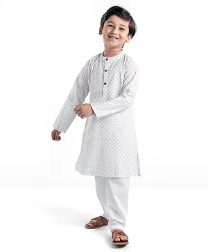 Babyhug 100% Cambric Full Printed Kurta Pyjama Set - White