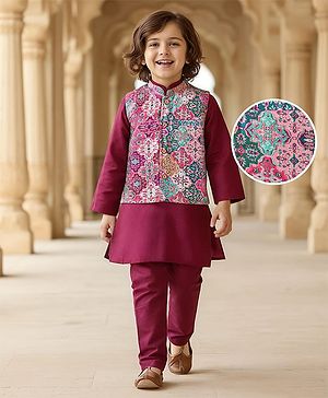 Babyhug Cotton Woven Full Sleeves Kurta & Pyjama Set with Printed Jacket - Magneta