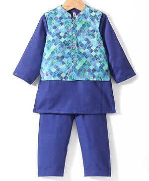 Babyhug Cotton Woven Full Sleeves Kurta & Pyjama Set with Printed Waistcoat - Blue