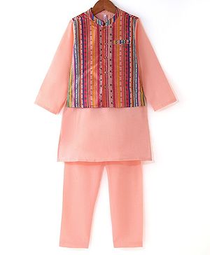 Babyhug 100% Cotton Full Sleeves Solid Colored Kurta Pyjama Set with Printed Jacket - Peach