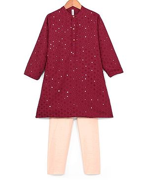 Babyhug Woven Full Sleeves Sequin Embroidered Kurta Payjama Set -Maroon
