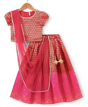 Babyhug Half Sleeves Brocade Choli with Lehanga & Dupatta Set - Fuchsia