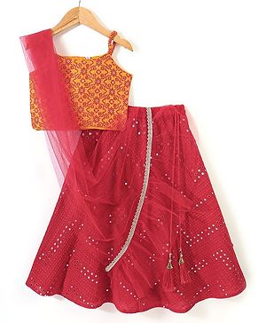 Babyhug Sleeveless Borcade Choli with Mirror Embroidered Lehenga and Dupatta Set - Red