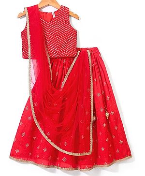 Babyhug Woven Sleeveless Sequin Embroidered  Choli With  Lehenga & Dupatta -  Red