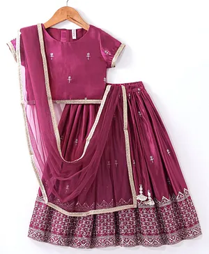 Babyhug Half Sleeves Gajji Silk  Choli with Embroidered Lehenga  and Dupatta - Hot Pink