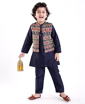 Babyhug Full Sleeves Solid Colour Kurta Payjama Set with Mirror Embroidered Jacket Navy Blue (Design May Vary)