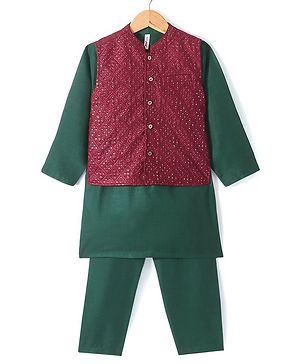 Babyhug Woven Full Sleeves Solid Colour Kurta & Pyjama Set with Embroidered  Jacket - Green
