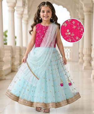 Babyhug Sleeveless Embroided Choli with Embroided Lehenga & Dupatta - Sky Blue