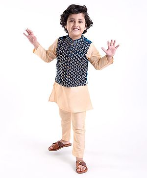 Babyhug Full Sleeves Solid Colour Kurta Payjama Set with Sequenced Embroidered Jacket -Beige