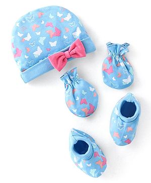 Babyhug 100% Cotton Knit Buitterfly Print Cap Mittens & Booties - Blue