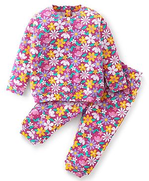 Babyhug Cotton Knit Full Sleeves T-Shirt & Lounge Pant Set Floral Print - Multicolour