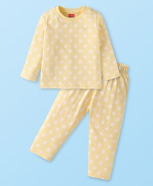 Babyhug Cotton Knit Full Sleeves Night Suit With Polka Dot Print - Yellow