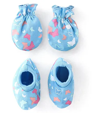 Babyhug 100% Cotton Knit Butterfly  Print Mittens & Booties - Blue