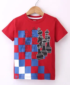 Under Fourteen Only Half Sleeves Chessboard Printed Tee - Red