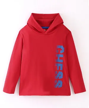 Under Fourteen Only Full Sleeves Chess Text Printed Hooded Tee - Red