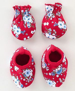Babyhug 100% Cotton Knit Mittens & Booties Set Floral Print - Red