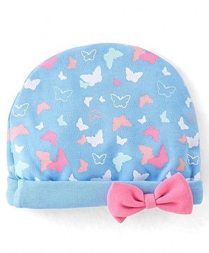 Babyhug 100% Cotton Knit Butterfly Print Cap With Bow Applique - Blue