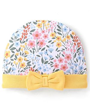 Babyhug 100% Cotton Knit Cap Floral Printed with Bow Applique- Yellow
