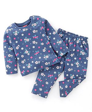 Babyhug Cotton Knit Full Sleeves Floral Print Night Suit - Navy Blue