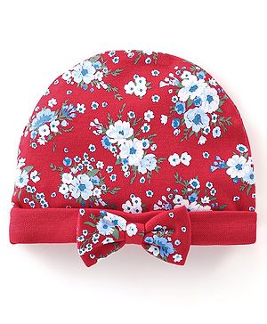 Babyhug 100% Cotton Knit Cap with Floral Design and Bow - Red