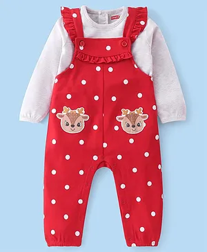 Babyhug Interlock Cotton Knit Dungaree Style Romper with Full Sleeves Inner Tee Polka Dots Print & Deer Applique - Red & White
