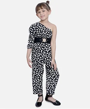 Nauti Nati One Shoulder Polka Dot  Printed  Jumpsuit With Asymmetric Neck - Black