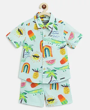 Nauti Nati Half Sleeves Beach Vacation Theme Printed Shirt With Coordinating Shorts - Green