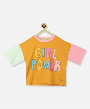 Natilene Half Sleeves Girl Power Text Printed Colour Blocked Top - Mustard Yellow
