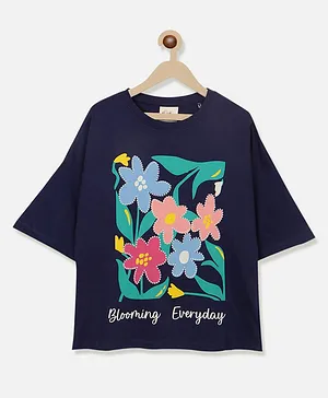 Natilene Half Sleeves Flowers Printed Tee - Navy Blue