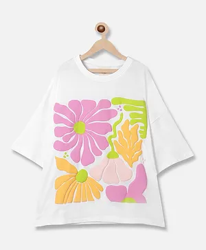 Natilene Half Sleeves Abstract Floral Printed Tee - White