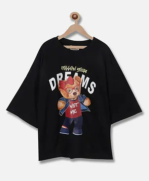 Natilene Half Sleeves Teddy & Dreams Text Printed Tee - Black